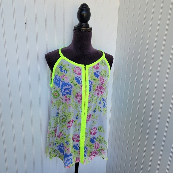 poly poly Tops - Poly Poly Yellow Floral Zip Sheer Blouse Retro Bright Boho Chic Sz M